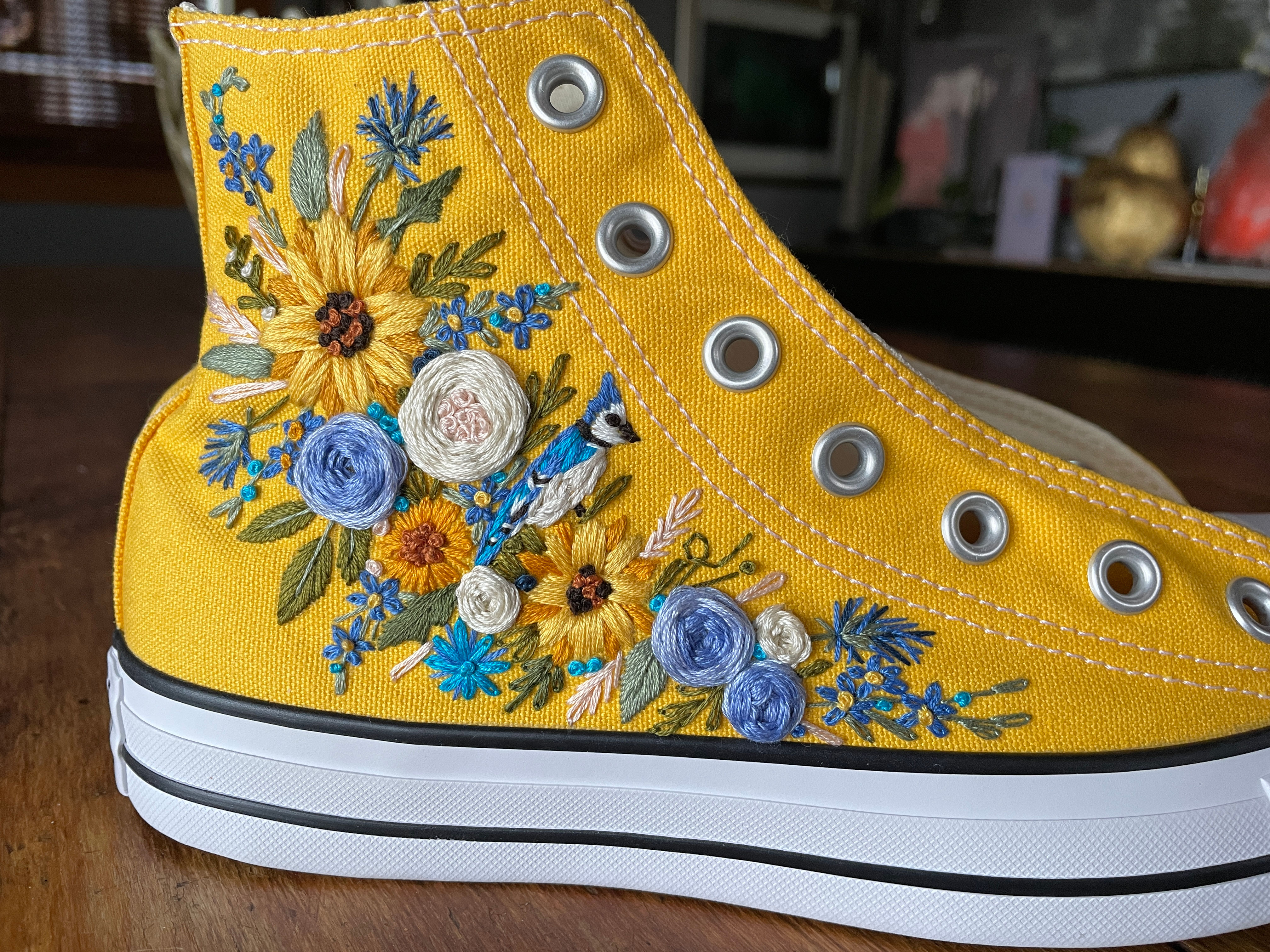 Hand Embroidered Yellow Blue Jay Converse Sneakers (Hi Tops)