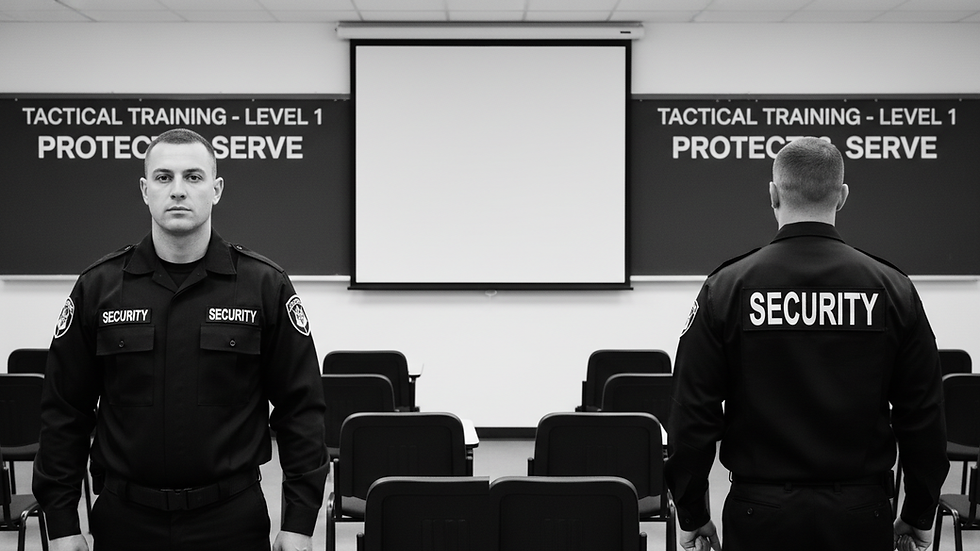 Close-up view of a security guard training session with a classroom setting