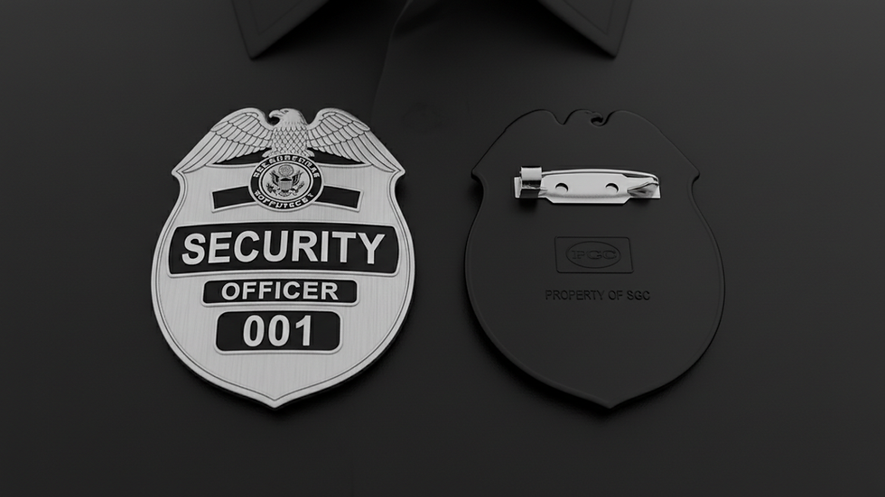 Eye-level view of a security guard badge on a desk