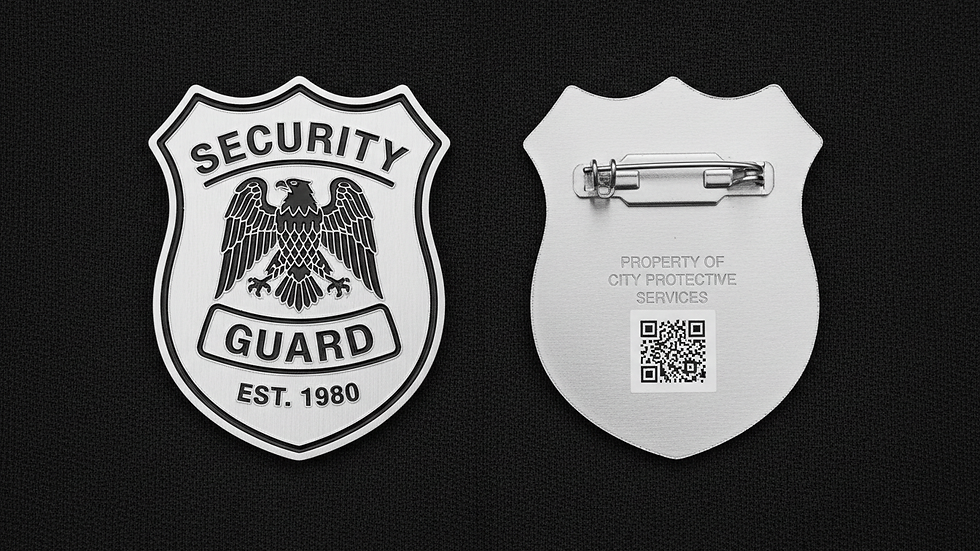 Eye-level view of a security guard badge on a uniform