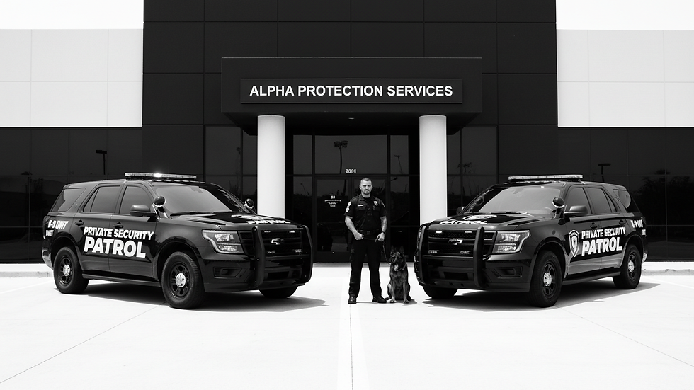 Eye-level view of a security patrol vehicle parked near a commercial building