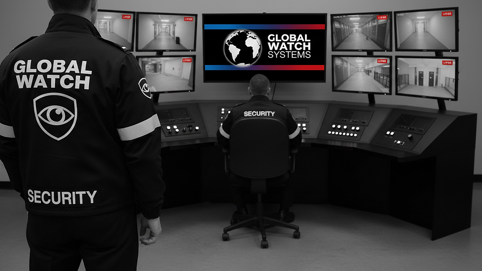 Close-up view of a security control room with multiple monitors showing surveillance footage