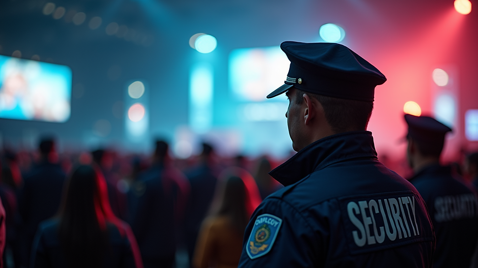 Eye-level view of security guard monitoring event crowd