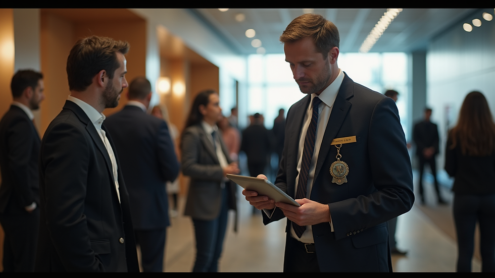 Eye-level view of a security guard checking guest credentials at event entrance