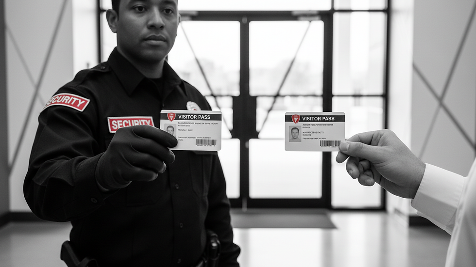 Close-up view of a security guard checking a visitor’s ID at a building entrance