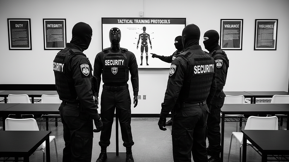 Close-up view of a security guard training session with a classroom setting