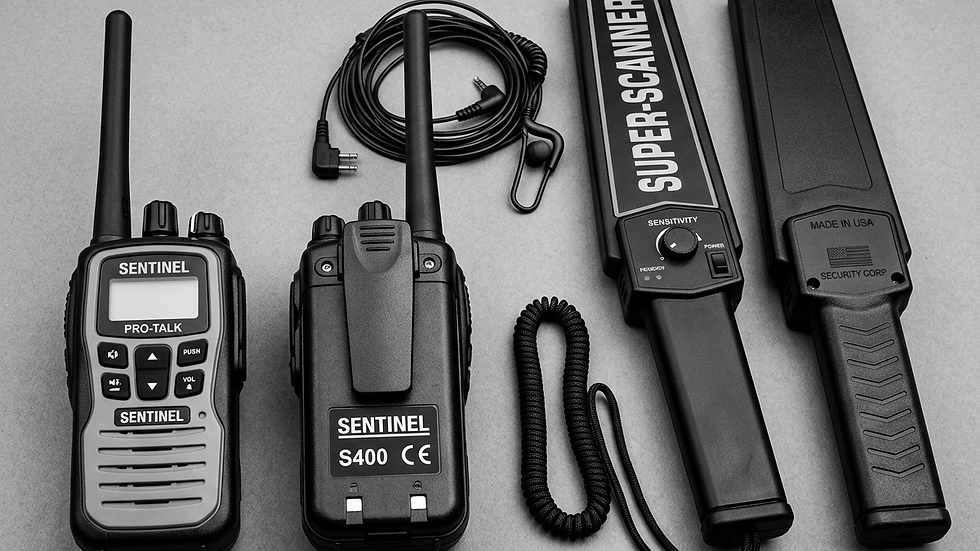 Close-up view of security equipment including walkie-talkies and metal detectors