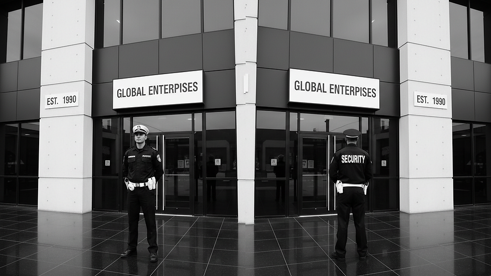High angle view of a security officer inspecting a commercial building entrance
