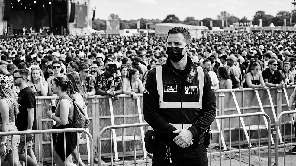 Eye-level view of a security guard monitoring a large crowd at an outdoor event