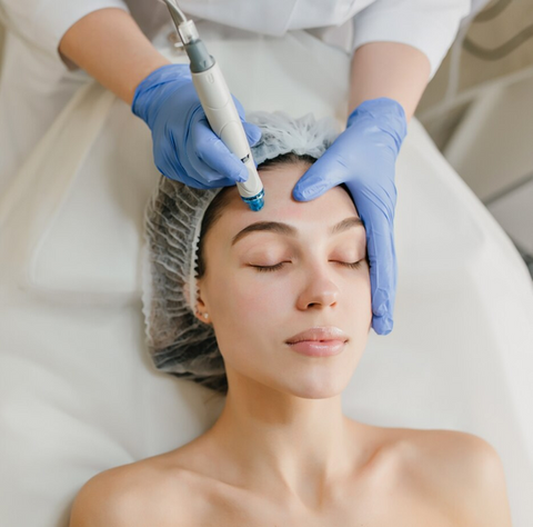 Woman lying on spa bed receiving facial treatment