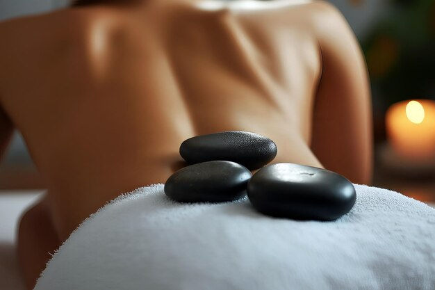 Three hot stones on the lower back, some are on a white towel covering the client.