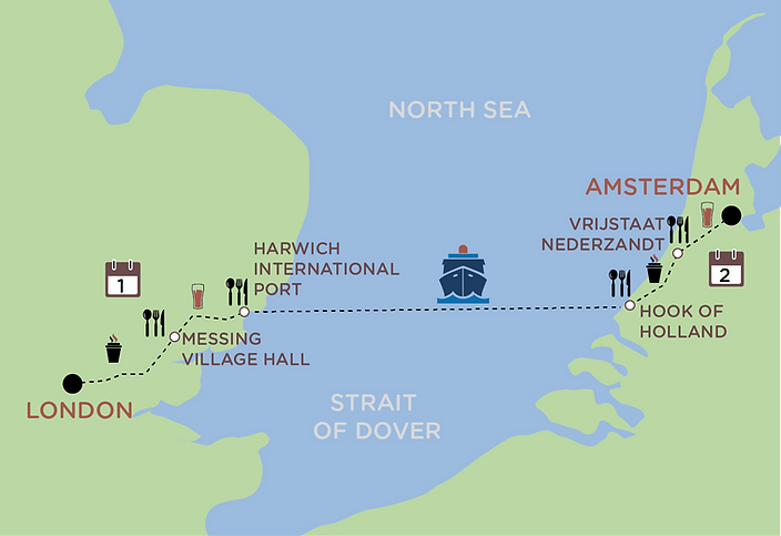 Illustrated map of the cycle route from London to Amsterdam.