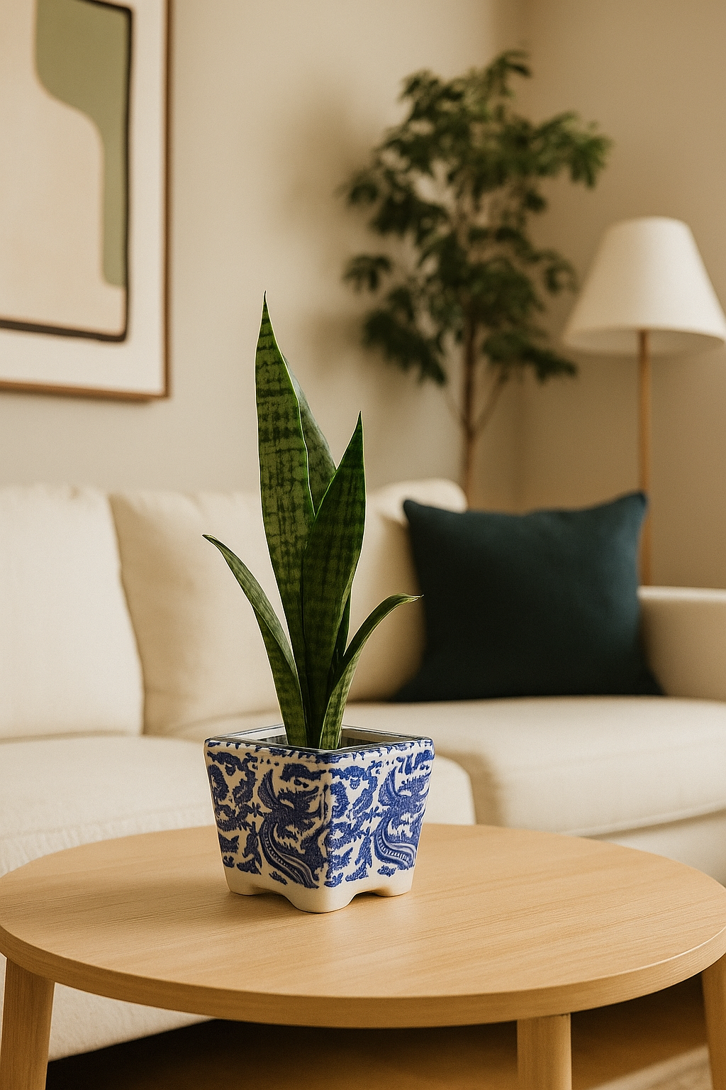 Mavi-beyaz desenli, kare formda zarif porselen saksı. Modern salon ve ofislerde dekoratif vurgu yaratır.
