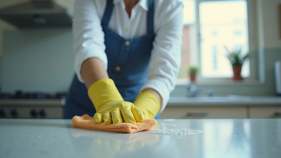 Eye-level view of a professional cleaner scrubbing a kitchen countertop