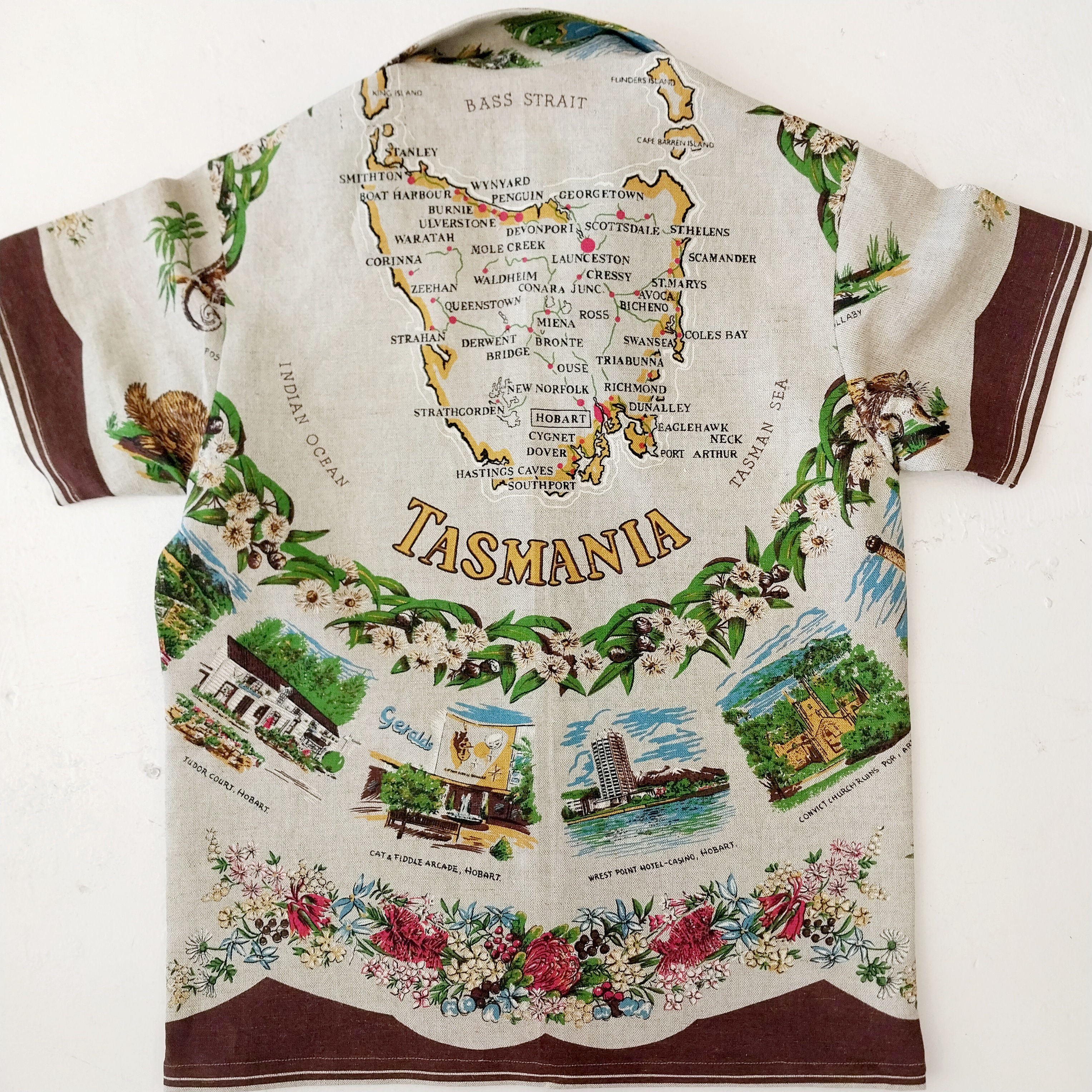 Not Hawaiian Shirt brown border map of Tassie