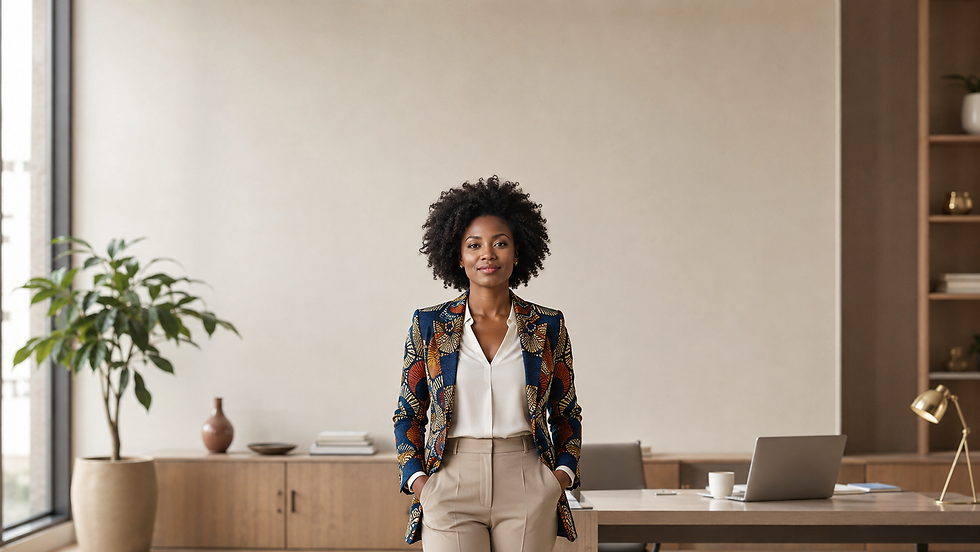 Professionnelle noire portant une veste en wax dans un bureau lumineux