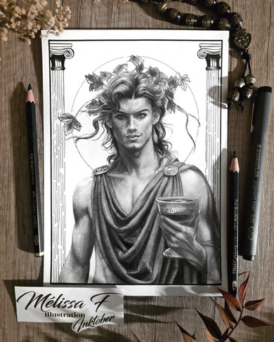 Portrait au crayon de Dionysos, dieu du vin et de la démesure, couronné de vigne et tenant une coupe. Illustration issue de la série Inktober Mythologie grecque.