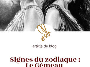 Couverture de l'article "Signes du zodiaque : le Gémeau, entre mythe et dualité", illustrée par un dessin réaliste en noir et blanc représentant le signe du Gémeau sous la forme de deux figures féminines.