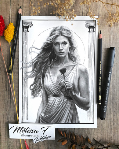 Portrait au crayon d’Aphrodite, déesse de l’amour et de la beauté, tenant une rose sombre. Illustration réalisée par Mélissa F pour l’Inktober 2025.