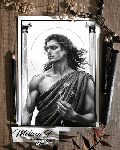 Portrait au crayon de Morphée, dieu des rêves, représenté les yeux clos, tenant une fleur de pavot. Illustration de la série Inktober Mythologie grecque.