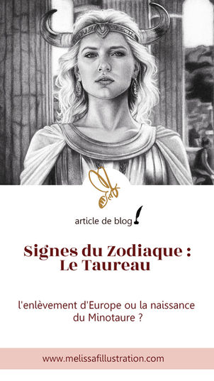 Illustration réaliste du signe astrologique du Taureau, représentation féminine inspirée d’une déesse grecque, avec des cornes symboliques et un style graphite. Image pour l’article de blog “Signes du Zodiaque : Le Taureau – L’enlèvement d’Europe ou la naissance du Minotaure ?”