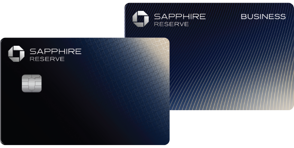 Two credit cards, one labeled "Sapphire Reserve," featuring a dark gradient and geometric pattern. The other card reads "Business" with diagonal lines.