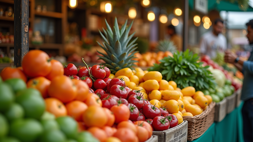 Close-up view of a vibrant farmer's market stall with fresh produce