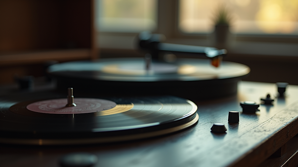 Eye-level view of a vintage vinyl record player with records scattered around