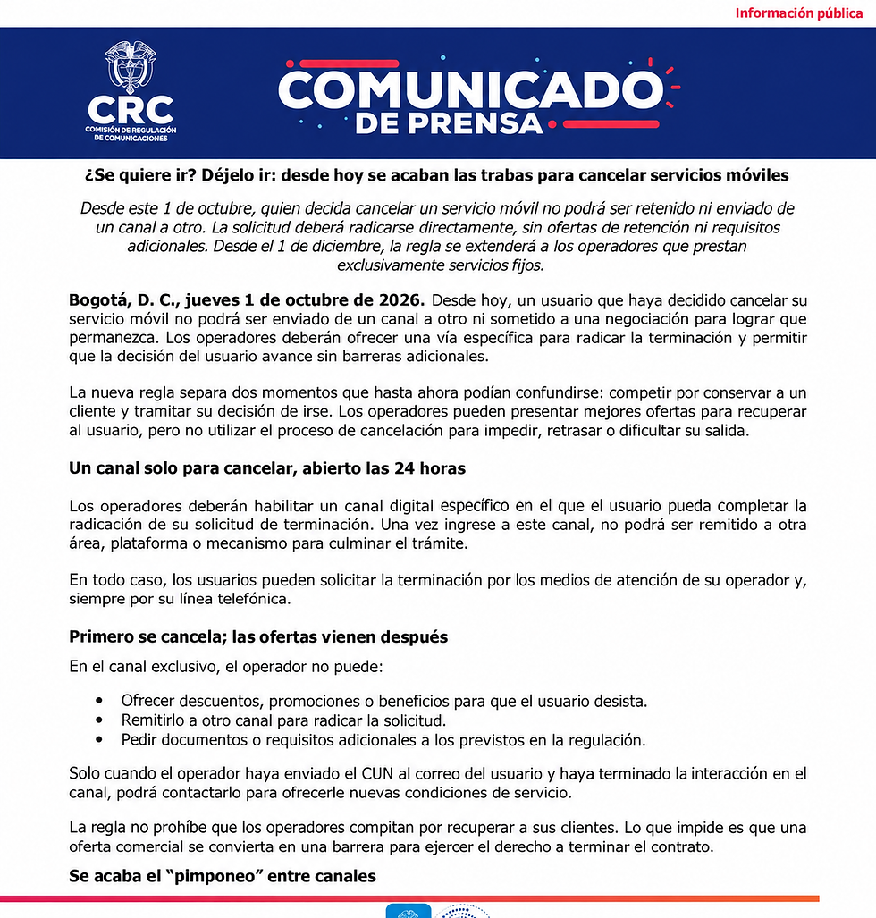 Se acabó el “pimponeo”: desde octubre será más fácil cancelar planes celulares en Colombia