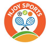 NJOY SPORTS logo features crossed paddles, ball, and shuttlecock on a mound.