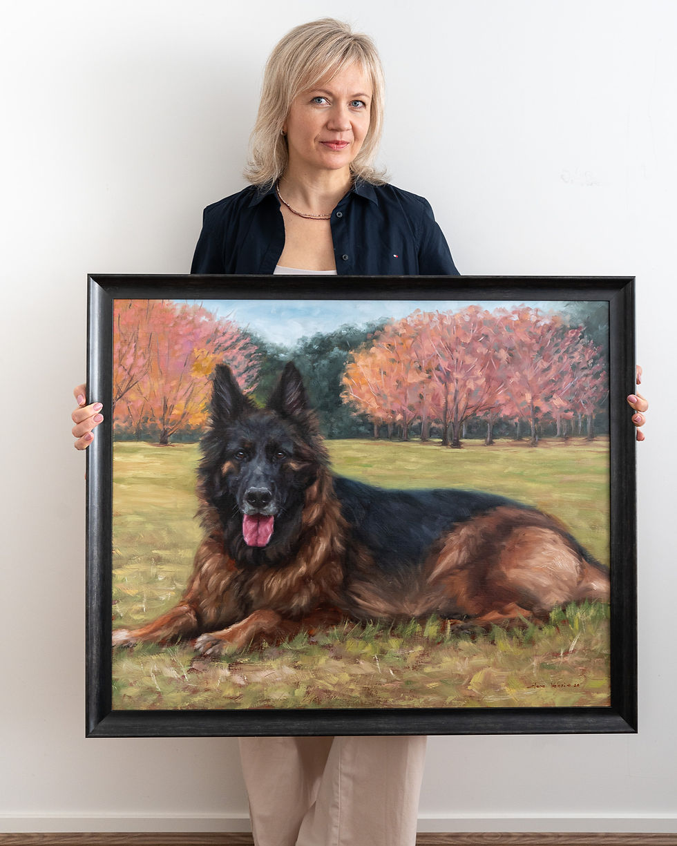 Thumbnail: Close-up of Goose the German Shepherd’s face in an archival oil portrait, showing her gentle expression and detailed fur.