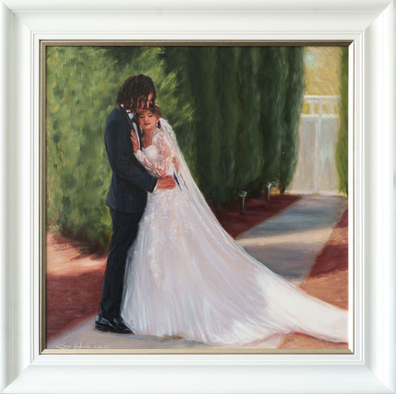 Ameera and Usaid share a private, tender moment in a sun-dappled cypress alley, with Ameera leaning her head on Usaid’s chest. The oil painting beautifully captures the intricate lace details of her second wedding dress and the soft, atmospheric greenery of the grove.