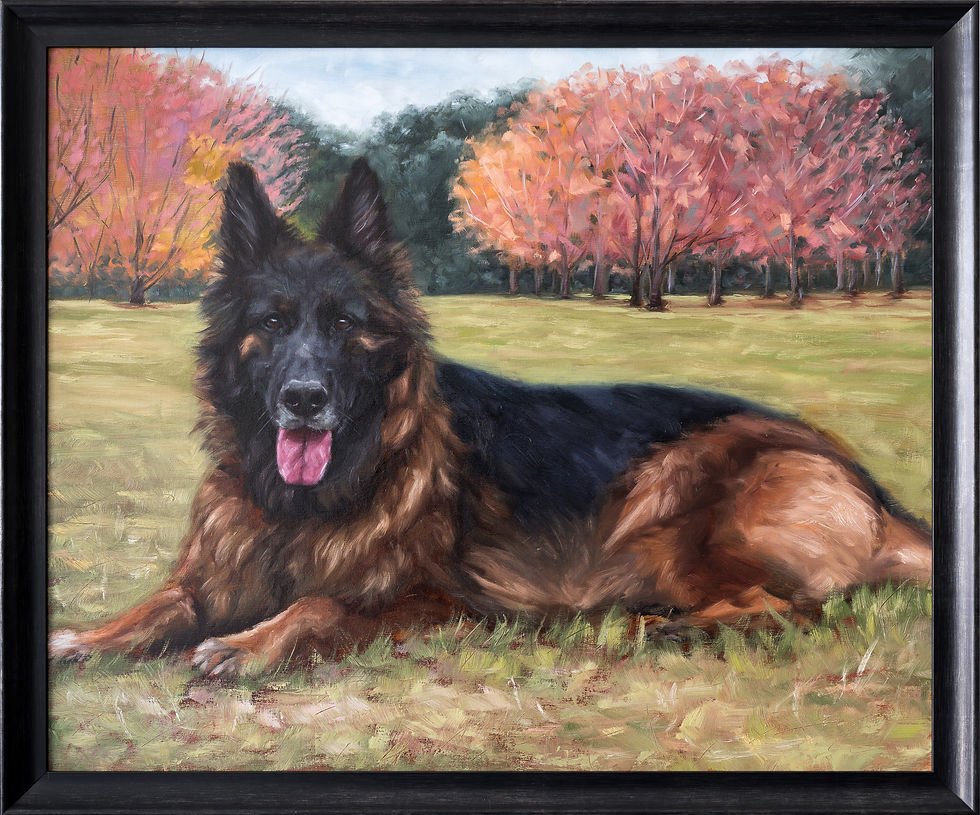 Heirloom oil portrait of Goose the German Shepherd, painted with a warm autumn tree background and finished in a custom state