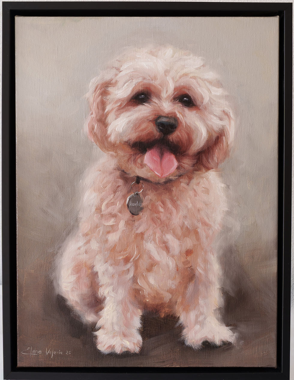 Thumbnail: Framed pet portraits of Scarlett in black floating frames.