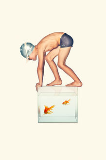 Ter promotie van de 
sportdienst staat en jongetje in zwembroek klaar om van het startblok te springen. Het startblok zelf is een aquarium met een goudvis in.