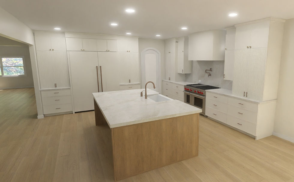 Modern white kitchen with wood island and marble countertop