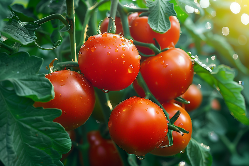 Vibrant, healthy plump tomatoes thriving in a backyard garden, showcasing organic gardening success with homemade calcium powder enrichment.
