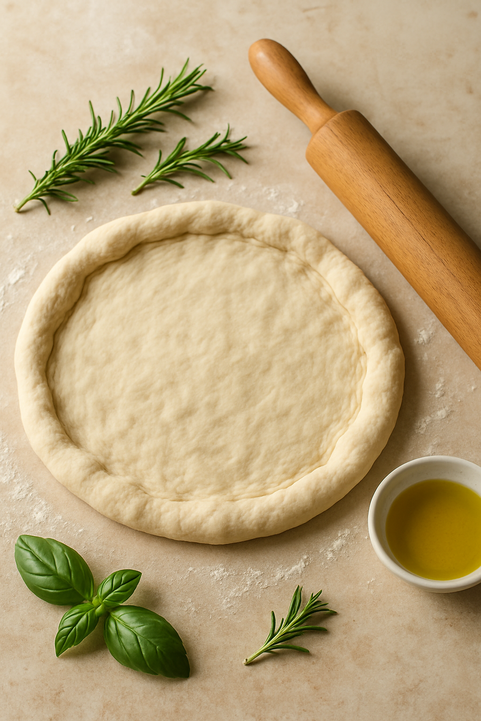 Rolled-out sourdough pizza dough on a floured surface with puffed edges, a wooden rolling pin nearby, and herbs and olive oil ready for topping.