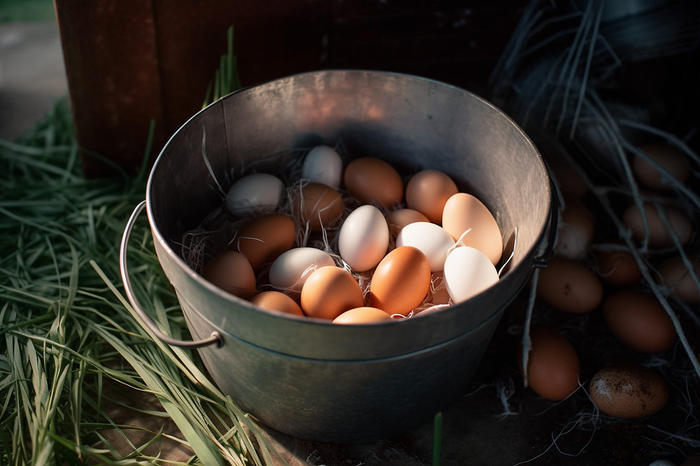 Farm fresh, organic eggs in a rustic silver bucket on a wooden table, ideal for homemade calcium powder benefits and sustainable living.