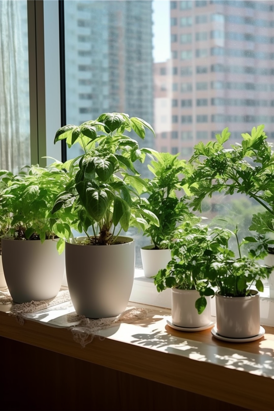 A collection of aromatic herbs thriving in planters on a sunny apartment window sill, bringing the joy of homegrown herbs to urban living.