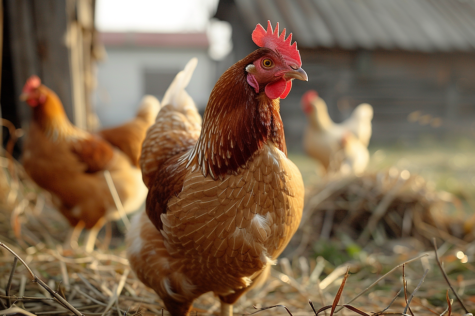 Happy free-range chickens roaming in a lush backyard garden, embodying the essence of sustainable homesteading and ethical egg production for homemade calcium powder.