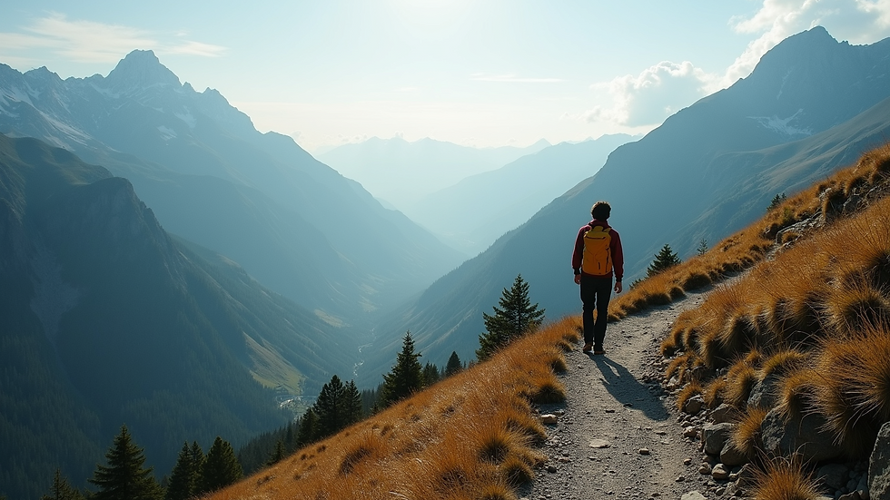 High angle view of a mountain trail with a lone hiker