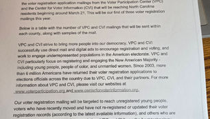 First of three large-scale voter registration mailings in NC. (502,000). Cumberland, Durham, Forsyth, Guilford, Mecklenburg, Wake with the most. Potential 1.5 million.