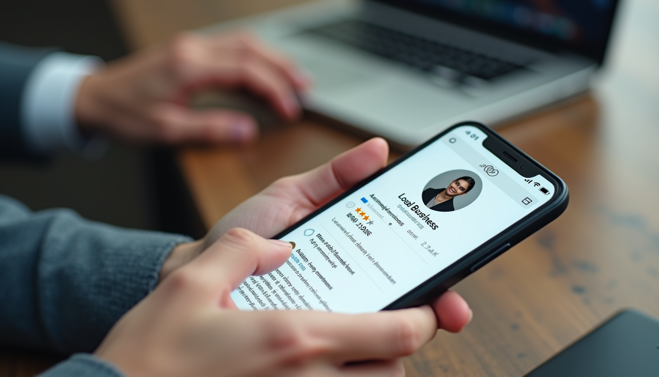 Close-up view of a smartphone displaying a local business Google profile with reviews