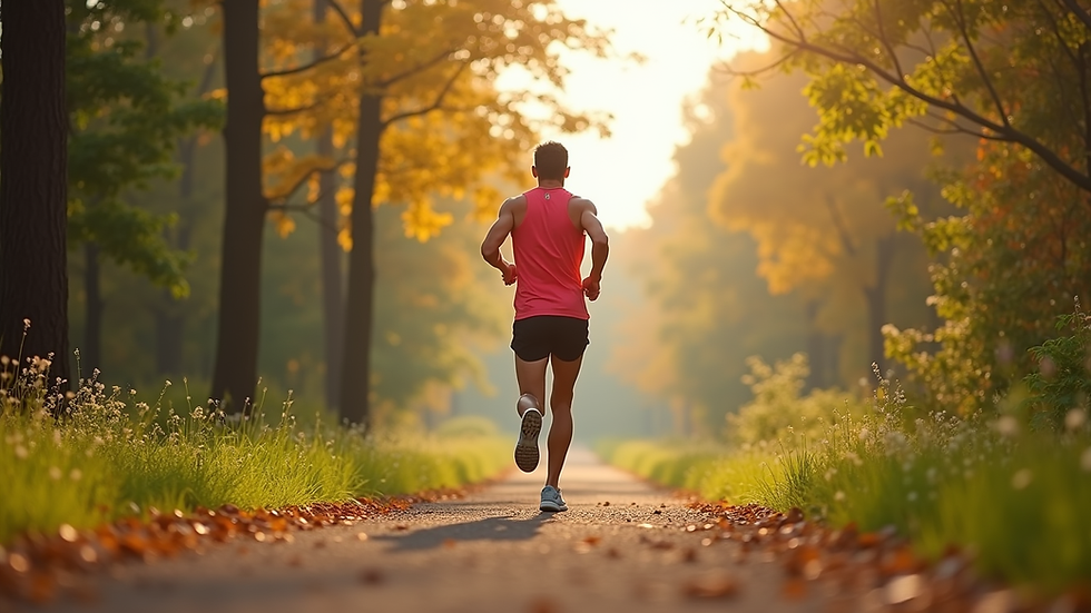 Eye-level view of a fitness enthusiast jogging on a scenic trail