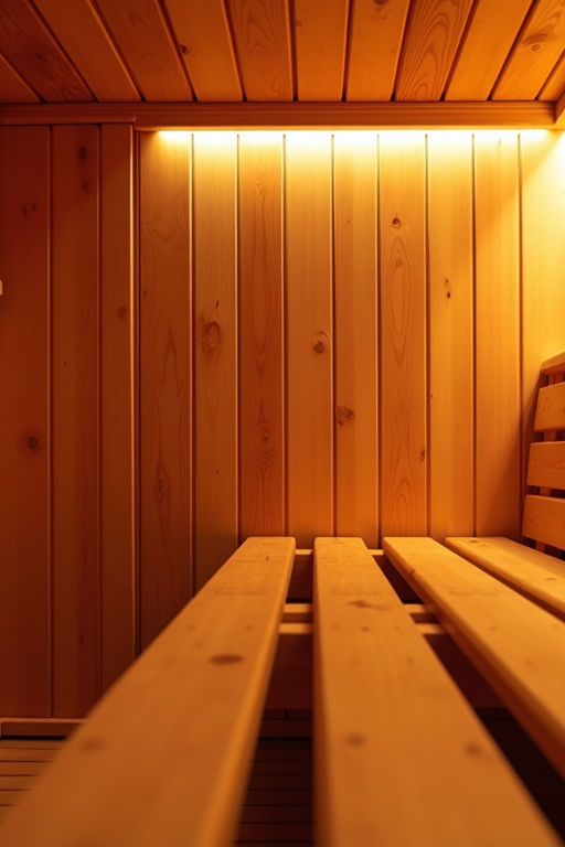 Medium shot of a tranquil wooden sauna with folded towels and a ladle beside warm stones.