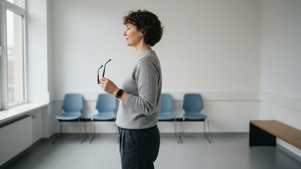 Side view of a person holding prescription glasses before a vision assessment