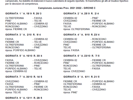 Nuovo calendario Juniores provinciali - girone C