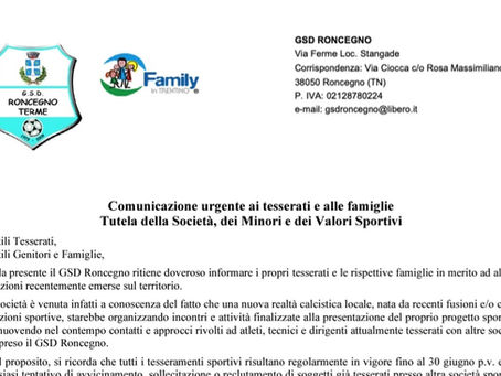 Comunicazione urgente ai tesserati e alle famiglie. Tutela della Società, dei Minori e dei Valori Sportivi