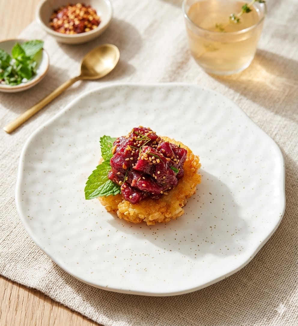 Larb "Tuna" Watermelon on rice cracker